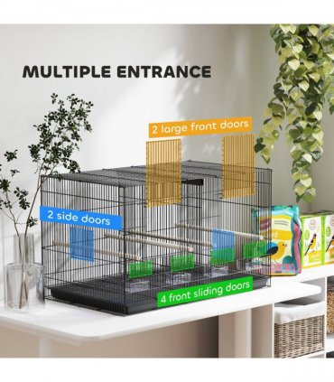 PawHut Bird Cage with Divider, 4 Wooden Perches, Slide Out Tray, Black