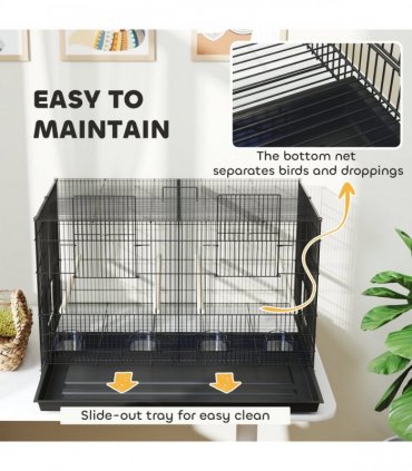 PawHut Bird Cage with Divider, 4 Wooden Perches, Slide Out Tray, Black