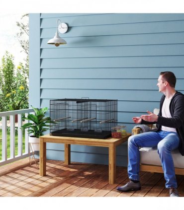 PawHut Bird Cage with Divider, 4 Wooden Perches, Slide Out Tray, Black