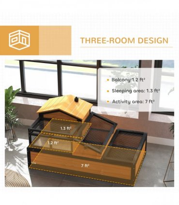PawHut Wooden Tortoise House Indoor Outdoor w/ Balcony, Tray, Openable Roof
