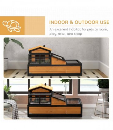 PawHut Wooden Tortoise House Indoor Outdoor w/ Balcony, Tray, Openable Roof
