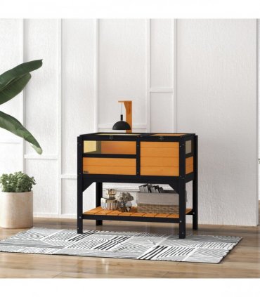 PawHut Wooden Tortoise House w/ Run, Shelter, Shelf, Lamp Holder, Yellow