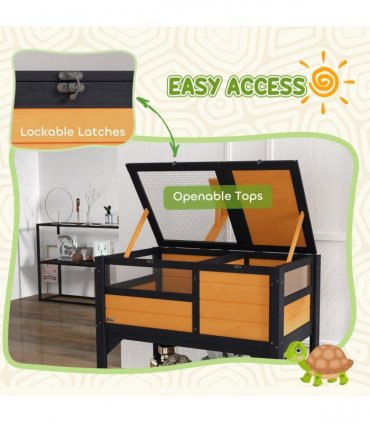 PawHut Wooden Tortoise House w/ Run, Shelter, Shelf, Lamp Holder, Yellow