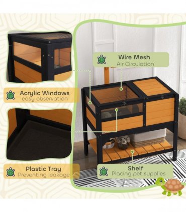 PawHut Wooden Tortoise House w/ Run, Shelter, Shelf, Lamp Holder, Yellow