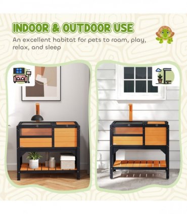 PawHut Wooden Tortoise House w/ Run, Shelter, Shelf, Lamp Holder, Yellow