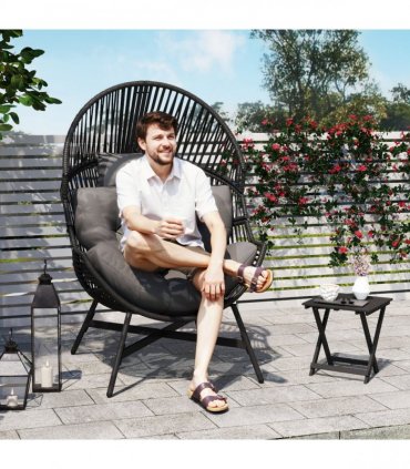 Outsunny Standing Rattan Garden Egg Chair with Headrest, Charcoal Grey