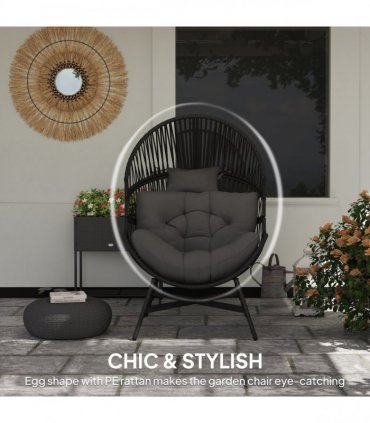 Outsunny Standing Rattan Garden Egg Chair with Headrest, Charcoal Grey