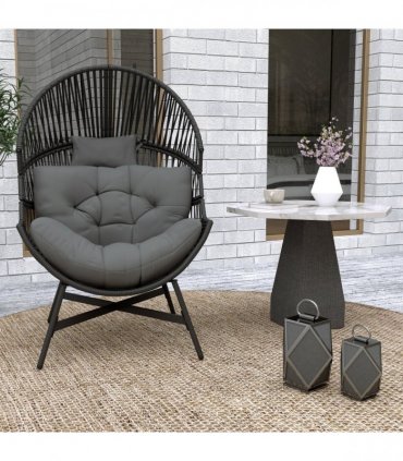 Outsunny Standing Rattan Garden Egg Chair with Headrest, Charcoal Grey