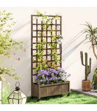 Outsunny Wooden Trellis Planter, Raised Garden Bed with Wheels and Bed Liner