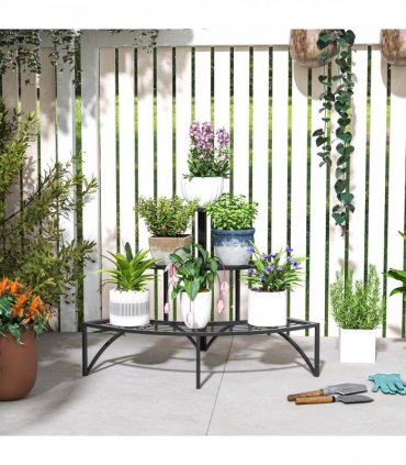 Outsunny 3 Tier Metal Corner Plant Stand for Garden Balcony Patio, Black