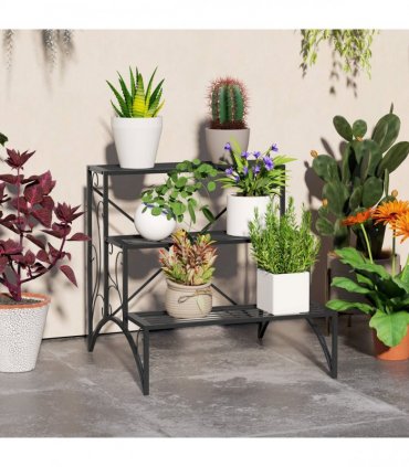 Outsunny 3-Tier Metal Plant Stand for Garden Balcony Indoor Outdoor, Black