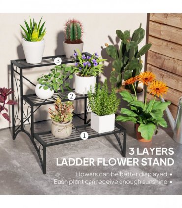 Outsunny 3-Tier Metal Plant Stand for Garden Balcony Indoor Outdoor, Black