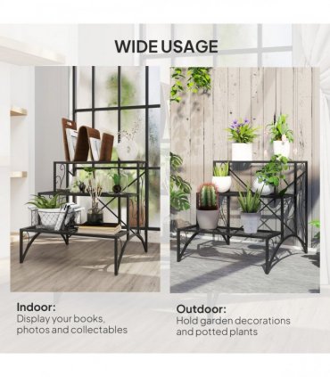 Outsunny 3-Tier Metal Plant Stand for Garden Balcony Indoor Outdoor, Black