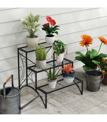 Outsunny 3-Tier Metal Plant Stand for Garden Balcony Indoor Outdoor, Black