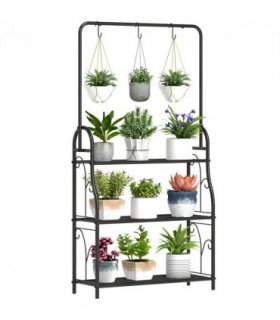 Outsunny 3 Tier Plant Stand w/ Hanging Hooks for Balcony Living Room, Black