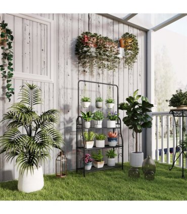 Outsunny 3 Tier Plant Stand w/ Hanging Hooks for Balcony Living Room, Black