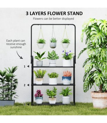 Outsunny 3 Tier Plant Stand w/ Hanging Hooks for Balcony Living Room, Black