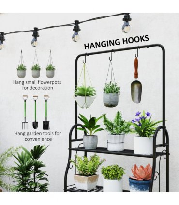 Outsunny 3 Tier Plant Stand w/ Hanging Hooks for Balcony Living Room, Black