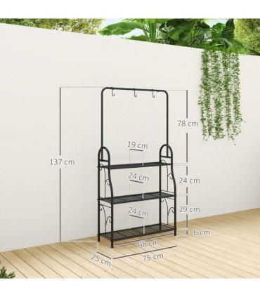 Outsunny 3 Tier Plant Stand w/ Hanging Hooks for Balcony Living Room, Black