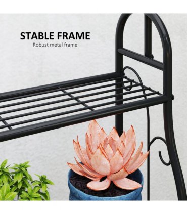 Outsunny 3 Tier Plant Stand w/ Hanging Hooks for Balcony Living Room, Black