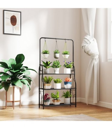 Outsunny 3 Tier Plant Stand w/ Hanging Hooks for Balcony Living Room, Black