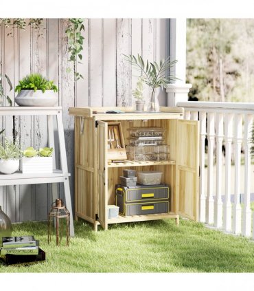 Outsunny Wooden Garden Storage Shed w/Hinged Roof and Shelf, Natural Wood