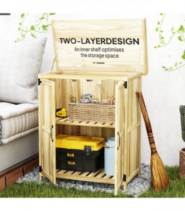 Outsunny Wooden Garden Storage Shed w/Hinged Roof and Shelf, Natural Wood