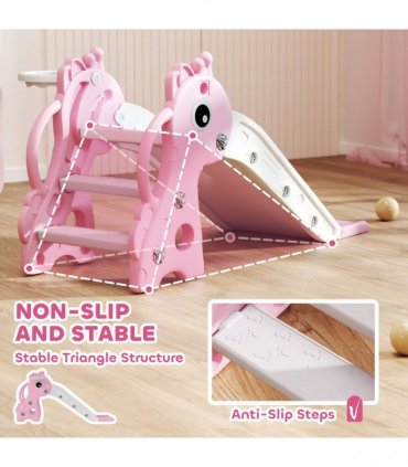 AIYAPLAY 3 in 1 Kids Slide with Climber, Basketball Hoop and Ball, Pink