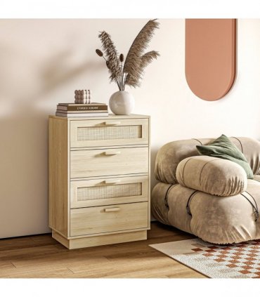 HOMCOM 4 Drawer Dresser, Boho Chest of Drawers Storage Cabinet, Natural
