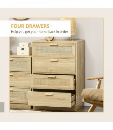 HOMCOM 4 Drawer Dresser, Boho Chest of Drawers Storage Cabinet, Natural