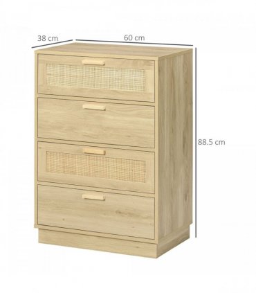 HOMCOM 4 Drawer Dresser, Boho Chest of Drawers Storage Cabinet, Natural