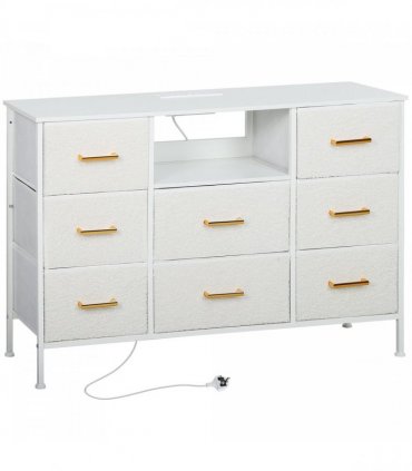 HOMCOM Boucle Chest of Drawers, 2 USB & 2 AC Ports, 8 Drawers Dresser