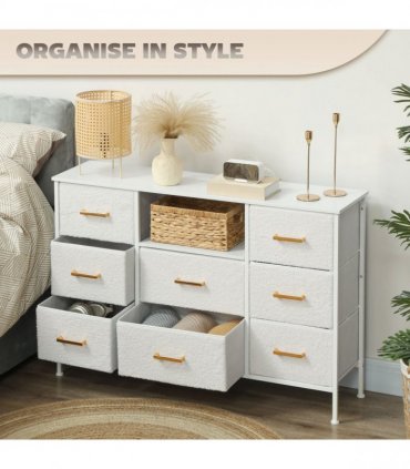 HOMCOM Boucle Chest of Drawers, 2 USB & 2 AC Ports, 8 Drawers Dresser