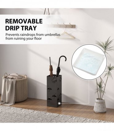 HOMCOM Decorative Umbrella Holder w/ Drip Tray 4 Hooks for Entryway Black