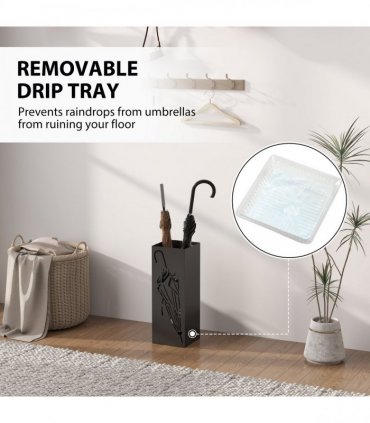 HOMCOM Square Umbrella Holder with Hooks and Water Tray for Entryway Black