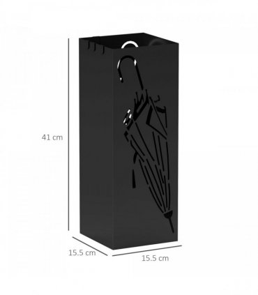 HOMCOM Square Umbrella Holder with Hooks and Water Tray for Entryway Black
