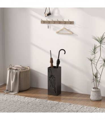 HOMCOM Square Umbrella Holder with Hooks and Water Tray for Entryway Black