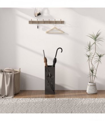 HOMCOM Square Umbrella Holder with Hooks and Water Tray for Entryway Black