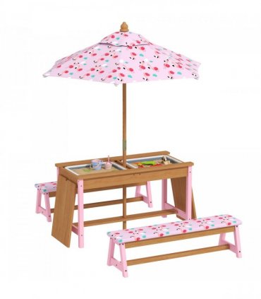AIYAPLAY Kids Picnic Table, Wooden Children Garden Table and Bench Set, Pink