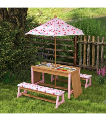 AIYAPLAY Kids Picnic Table, Wooden Children Garden Table and Bench Set, Pink