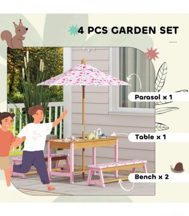 AIYAPLAY Kids Picnic Table, Wooden Children Garden Table and Bench Set, Pink