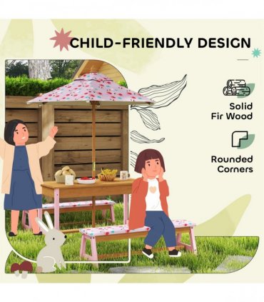 AIYAPLAY Kids Picnic Table, Wooden Children Garden Table and Bench Set, Pink