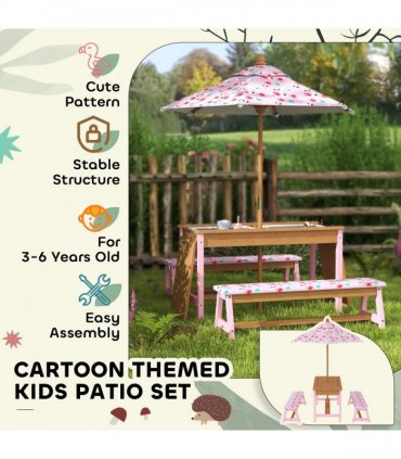 AIYAPLAY Kids Picnic Table, Wooden Children Garden Table and Bench Set, Pink