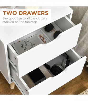 Elegant White Nightstand with Two Drawers and Natural Wood Legs