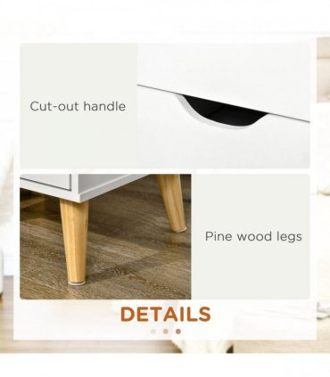 Elegant White Nightstand with Two Drawers and Natural Wood Legs