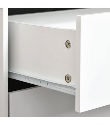 Elegant White Nightstand with Two Drawers and Natural Wood Legs
