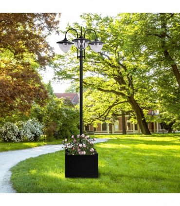 Outsunny 3-head LED Solar Light Lamp Street Light Post with Planter Base, Black