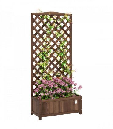 Outsunny Garden Wooden Planter Box with Trellis Flower Raised Bed Dark Brown