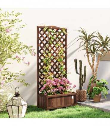 Outsunny Garden Wooden Planter Box with Trellis Flower Raised Bed Dark Brown