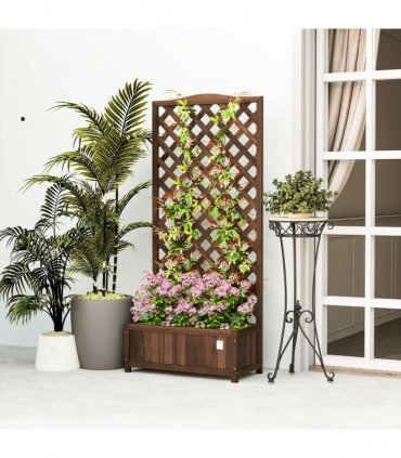 Outsunny Garden Wooden Planter Box with Trellis Flower Raised Bed Dark Brown